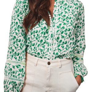 Women's Green Floral Puff Sleeve Blouse with Lace Detail for Fall - Main View