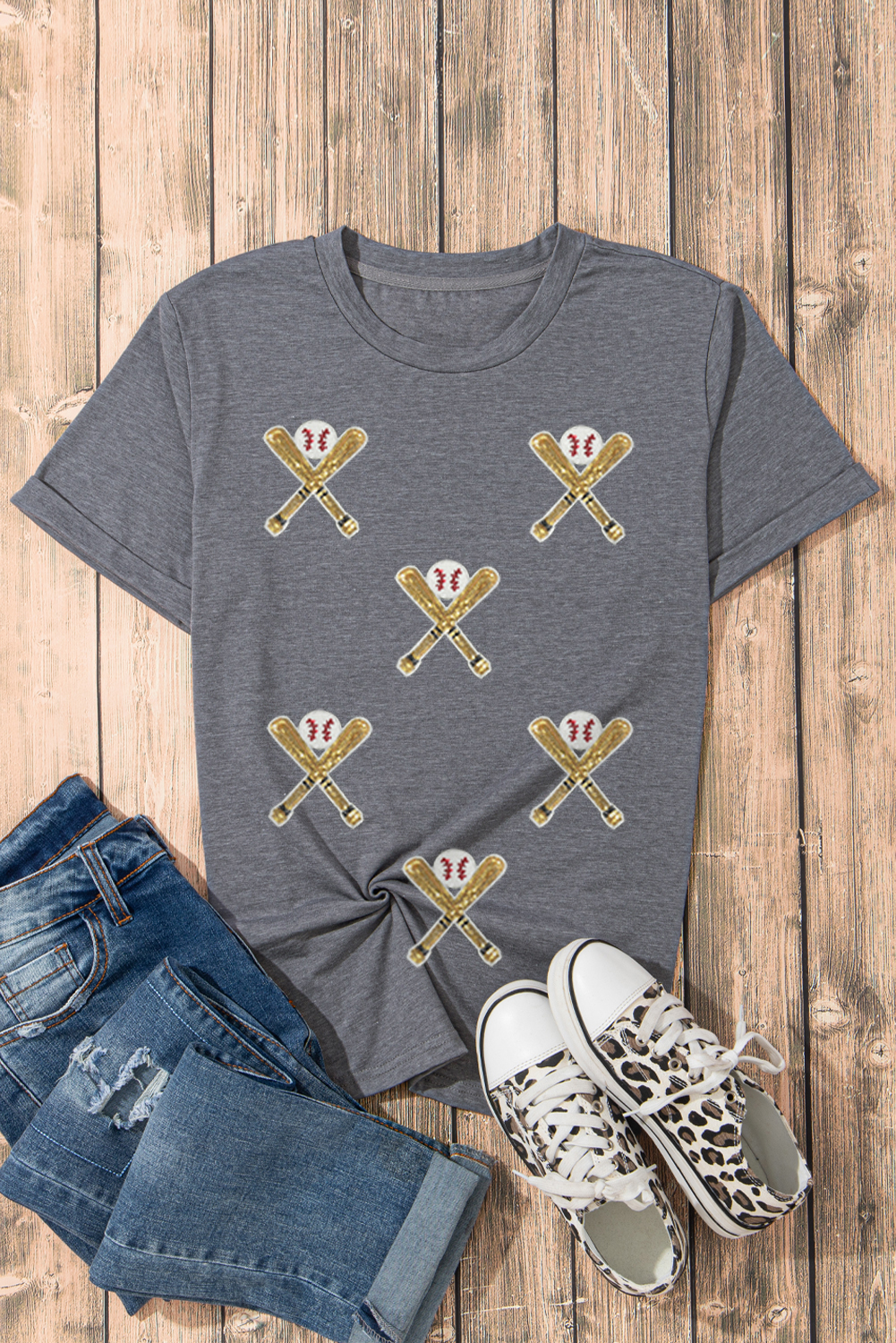 Stylish Gray Casual Tee with Sequined Baseball and Crossed Bats Design - Detail View 14