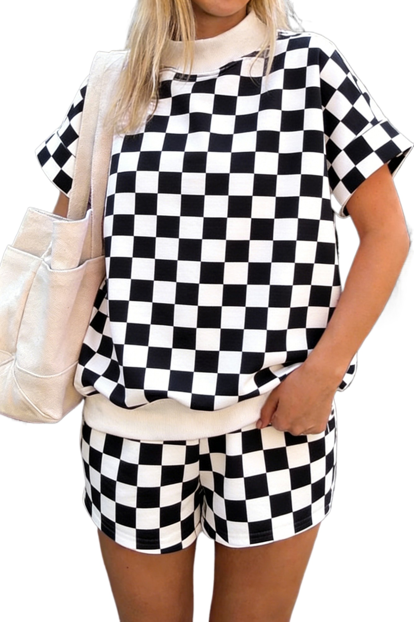 Women's Black Checkered Short Set – Casual Mock Neck Two-Piece Outfit for Summer - Main View