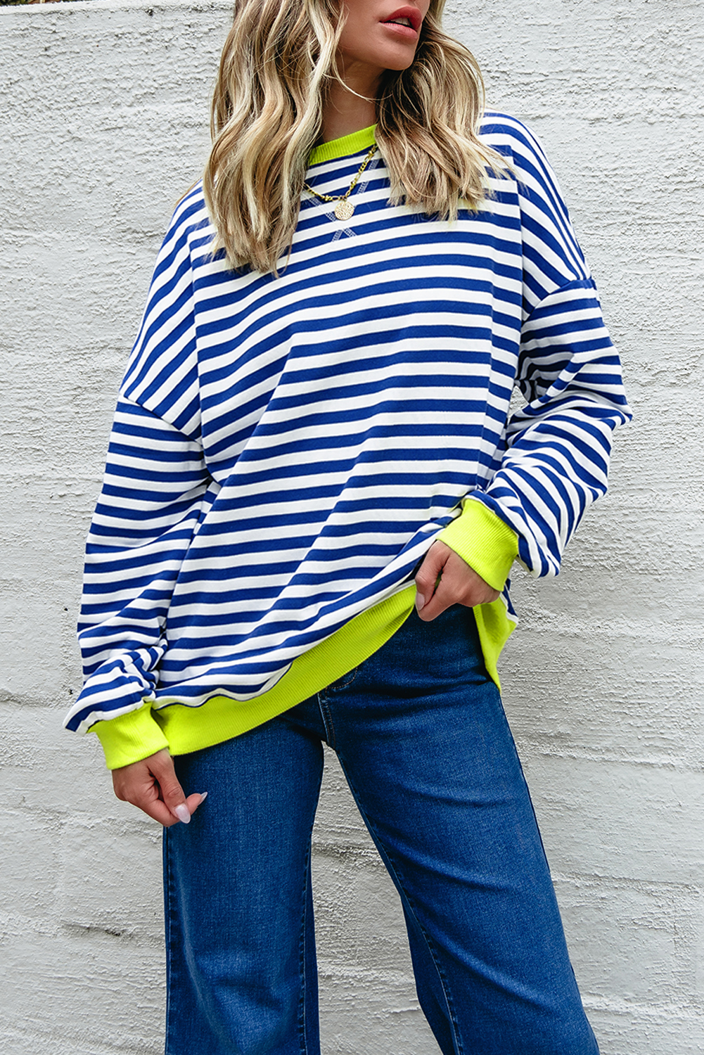 Casual Oversized Sweatshirt with Striped Pattern and Ribbed Trim for Fall & Winter - Detail View 6
