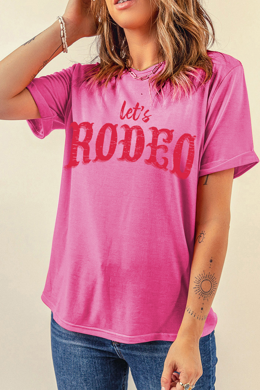 Trendy Round Neck Graphic Tee for Women - Soft Cotton Blend 'Let's Rodeo' Print in Rose Red - Detail View 2
