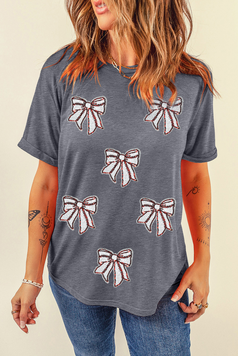 Women’s Graphic Tee, Gray T-Shirt, Sequin Bow, Casual Wear, Summer Fashion, Short Sleeve, Round Neck, Comfortable Fit, Daily Wear, Game Day Style, Cotton Blend, Trendy Tops - Detail View 8