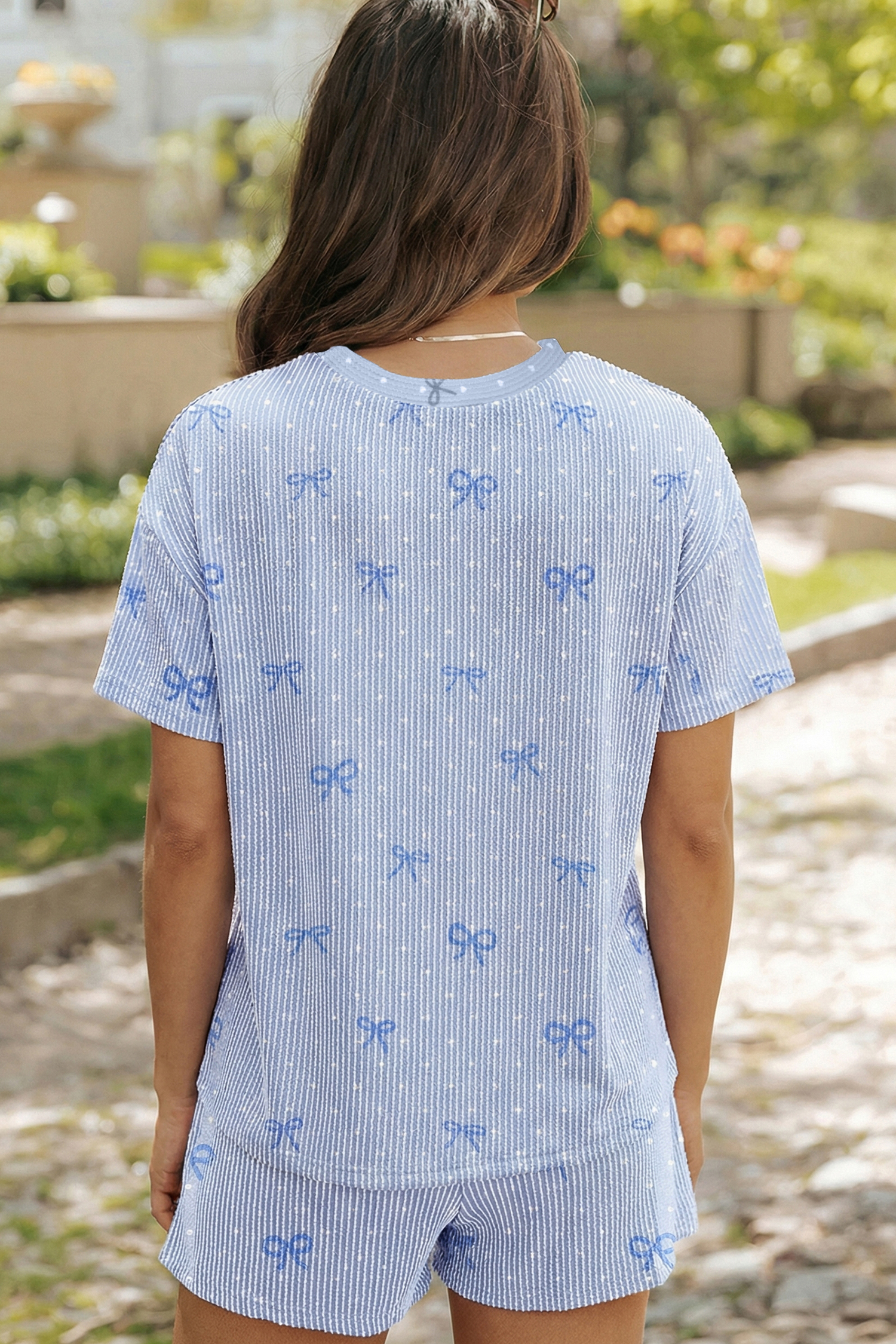 Casual Short Sleeve Ribbed Knit Set for Women - Sky Blue Heart Print Top and Shorts - Detail View 2
