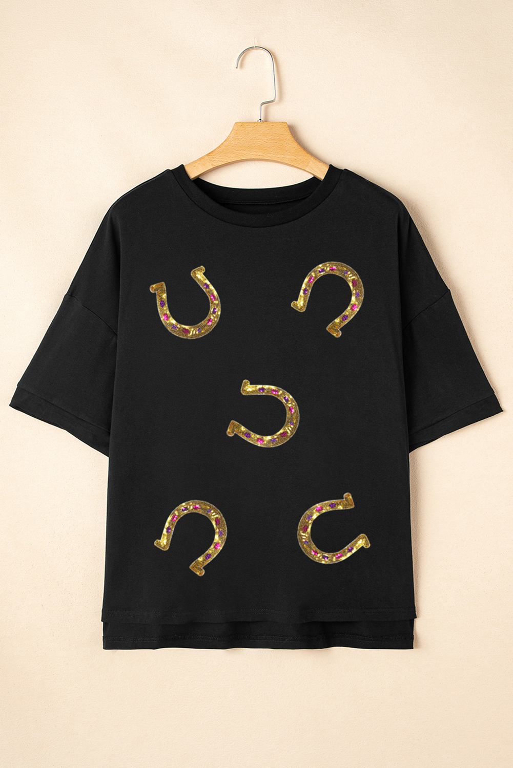 Women's T-Shirt, Black, High Low Hem, Casual Tee, Western Print, Horseshoe Design, Comfortable, Daily Wear, Summer Style, Graphic Tees, Trendy, Breathable Fabric, Soft Material, Short Sleeve, Round Neck - Detail View 12