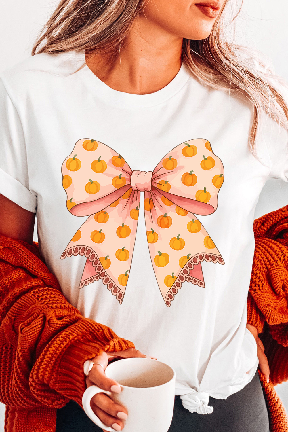 Women's White Thanksgiving Graphic T-Shirt with Pumpkin and Bow Print - Detail View 5