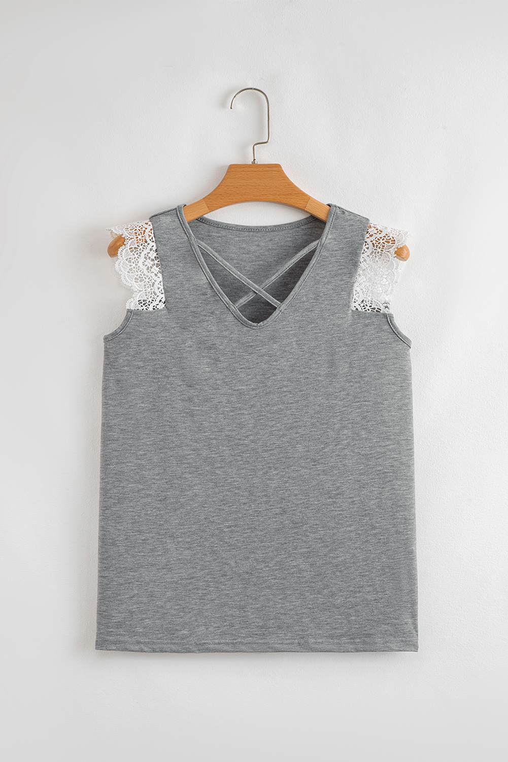 Chic Gray V Neck Tank Top with Delicate Lace Patchwork and Criss Cross Design - Detail View 6