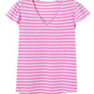 Women's Bonbon Striped V Neck Top with Ruffle Short Sleeves - Main View