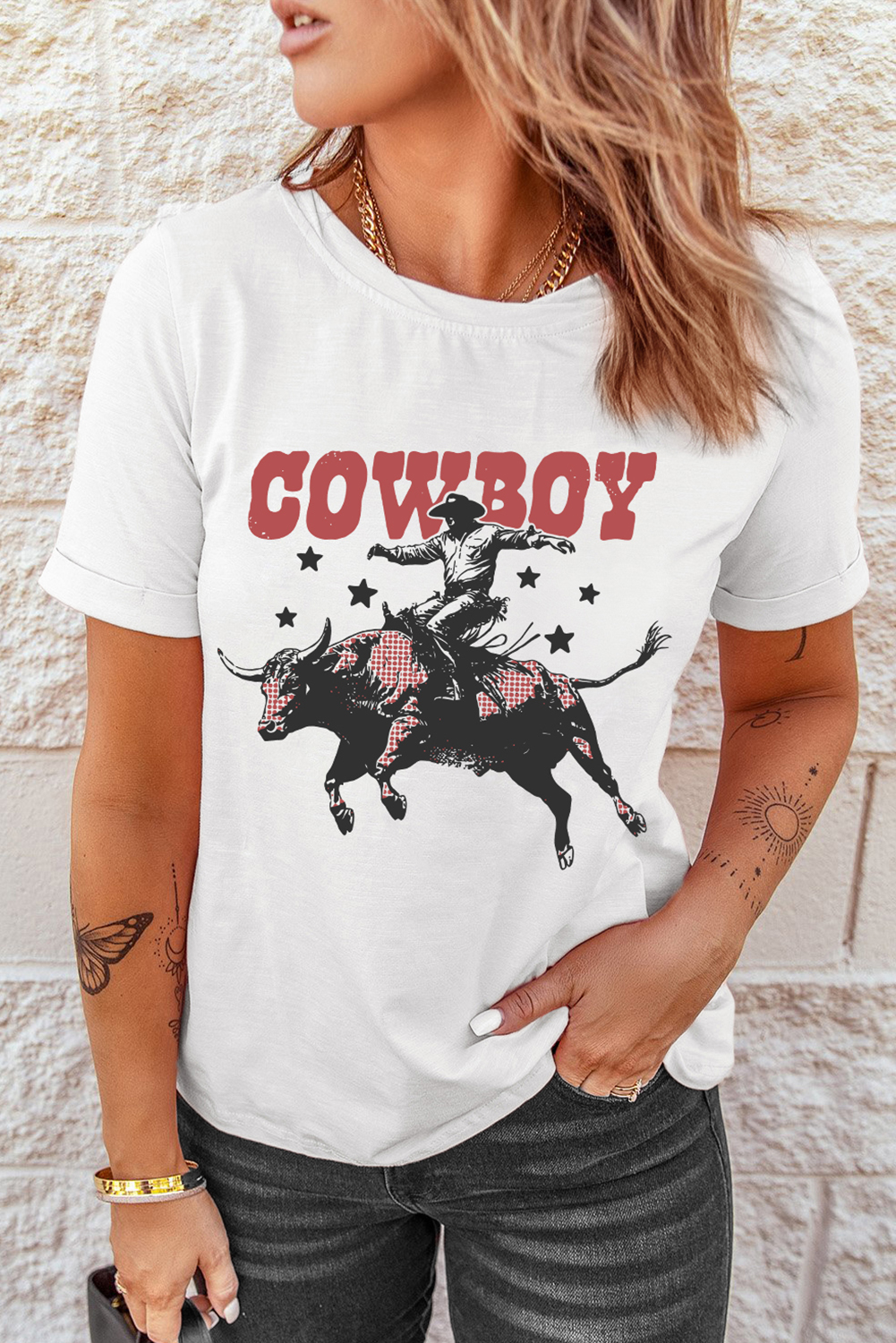 Casual Short Sleeve Graphic T-Shirt with Cowboy and Star Print - Perfect for Summer - Detail View 6