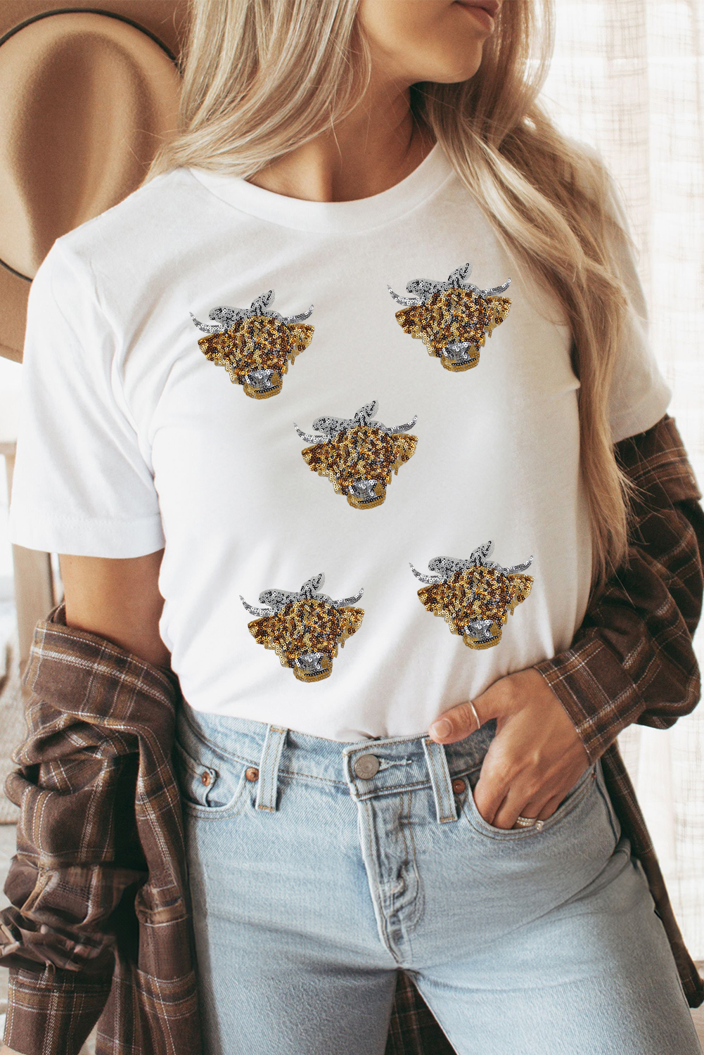 Stylish White Graphic Tee with Bow Heifer Design - Perfect for Summer - Detail View 2