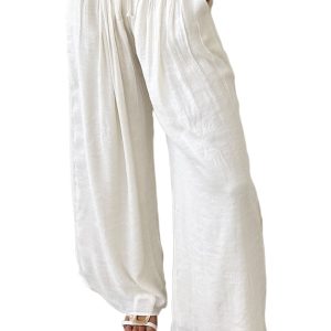 Women's White Solid Drop Waist Pleated Wide Leg Casual Pants - Main View