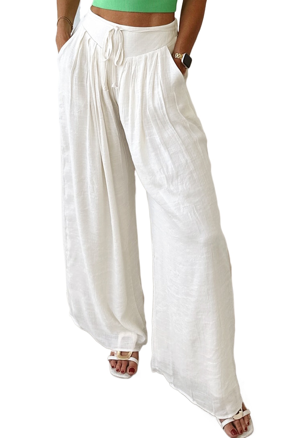 Women's White Solid Drop Waist Pleated Wide Leg Casual Pants - Main View