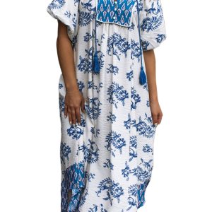 Women's Sky Blue Boho Maxi Dress – Abstract Print Shift Dress with Tassel Tie Neck - Main View