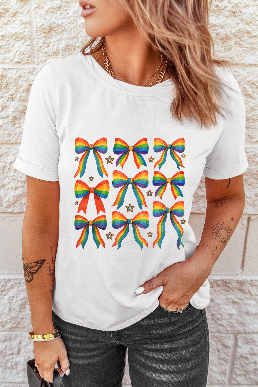 Stylish Short Sleeve Round Neck T-Shirt with Star Print - Perfect for Daily Wear - Detail View 7