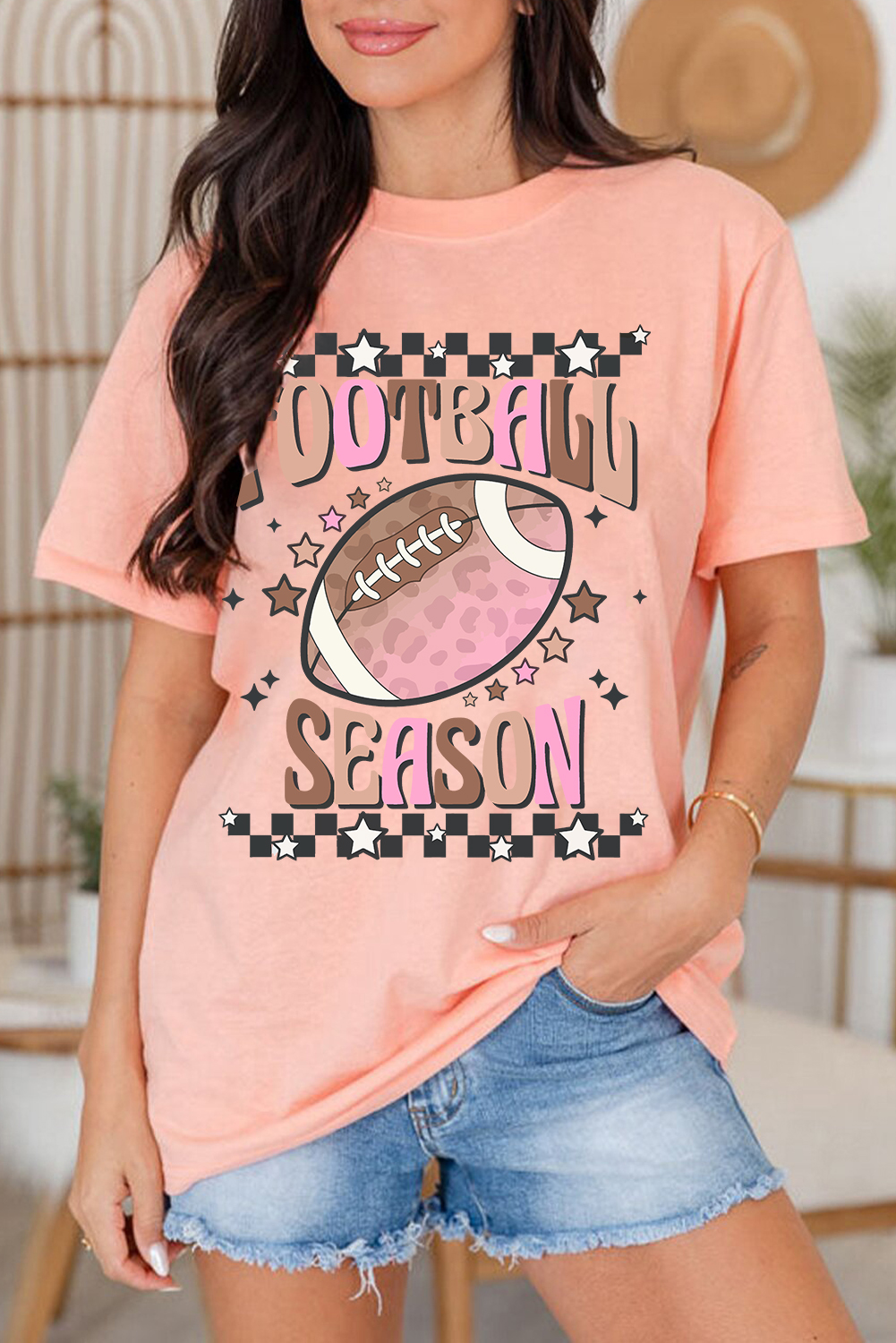 Casual Round Neck Tee for Game Day - Soft Cotton Blend, Pink FOOTBALL SEASON Print - Detail View 6