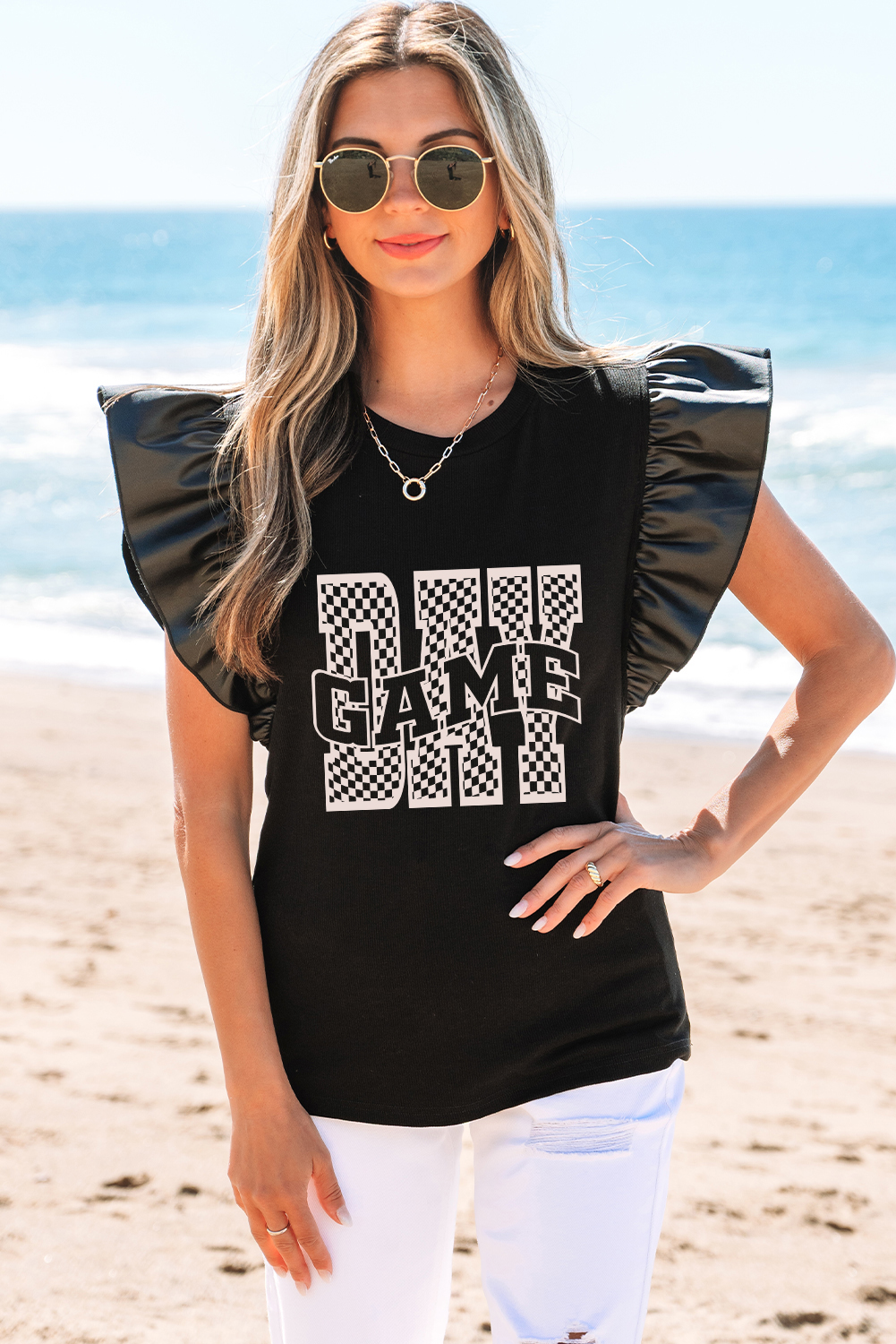 Women's Black GAME DAY Checkered Letter Graphic Ruffle Sleeve Top - Detail View 5