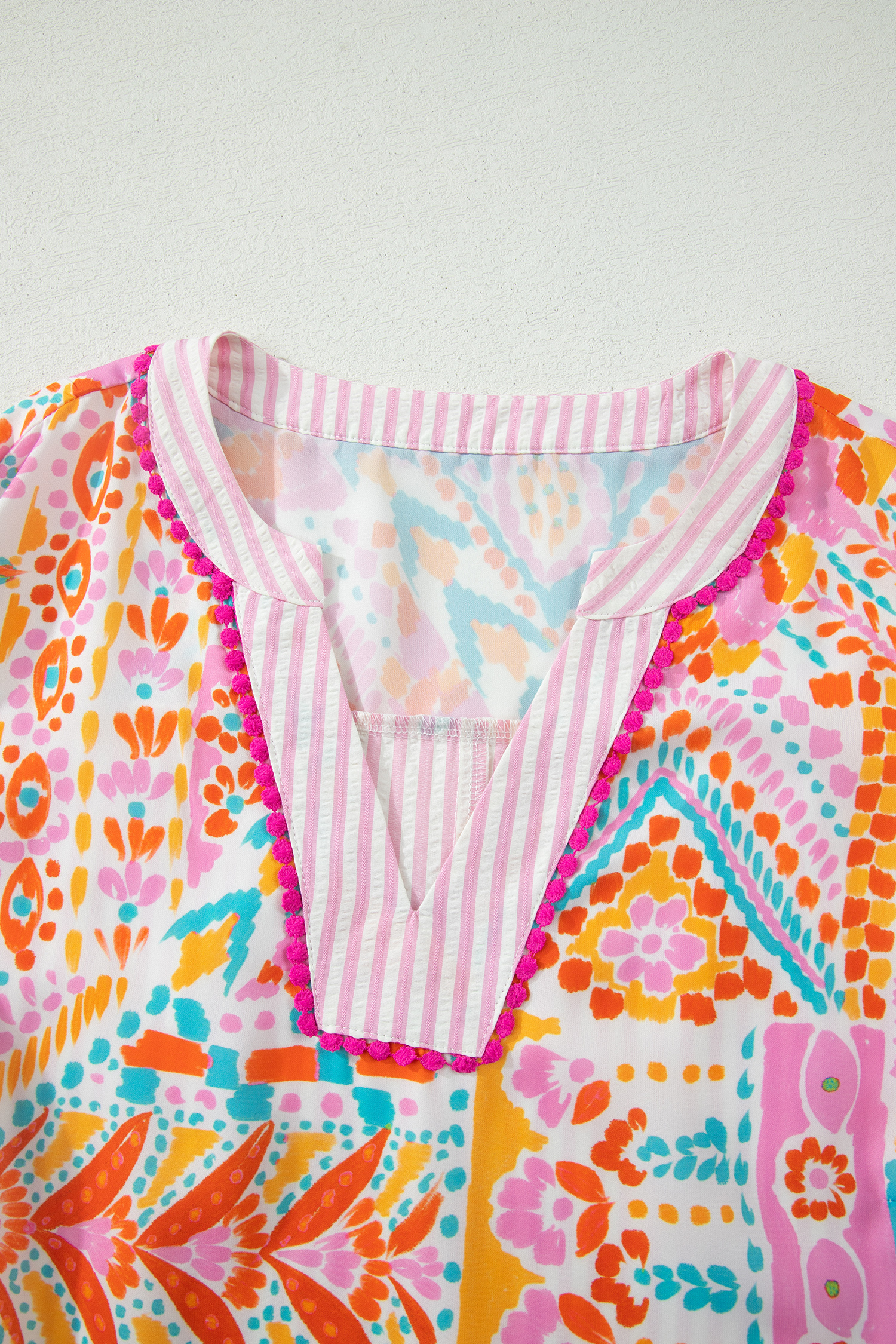 Women's Boho Geometric Print Blouse – V Neck Short Sleeve Top with Ruffle Details - Detail View 10