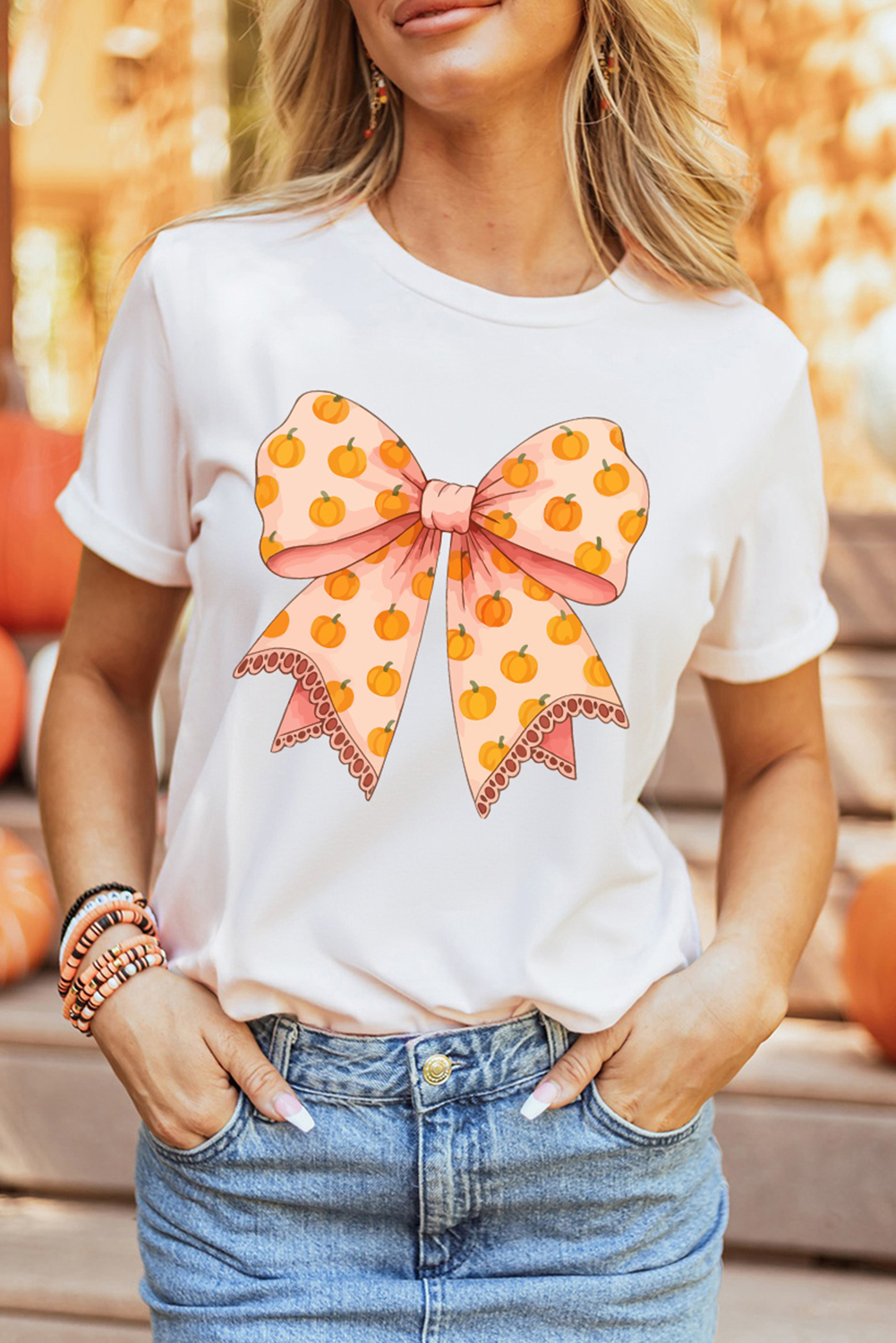 Casual Round Neck Tee - Festive Bow and Tiny Pumpkin Design for Thanksgiving - Detail View 6
