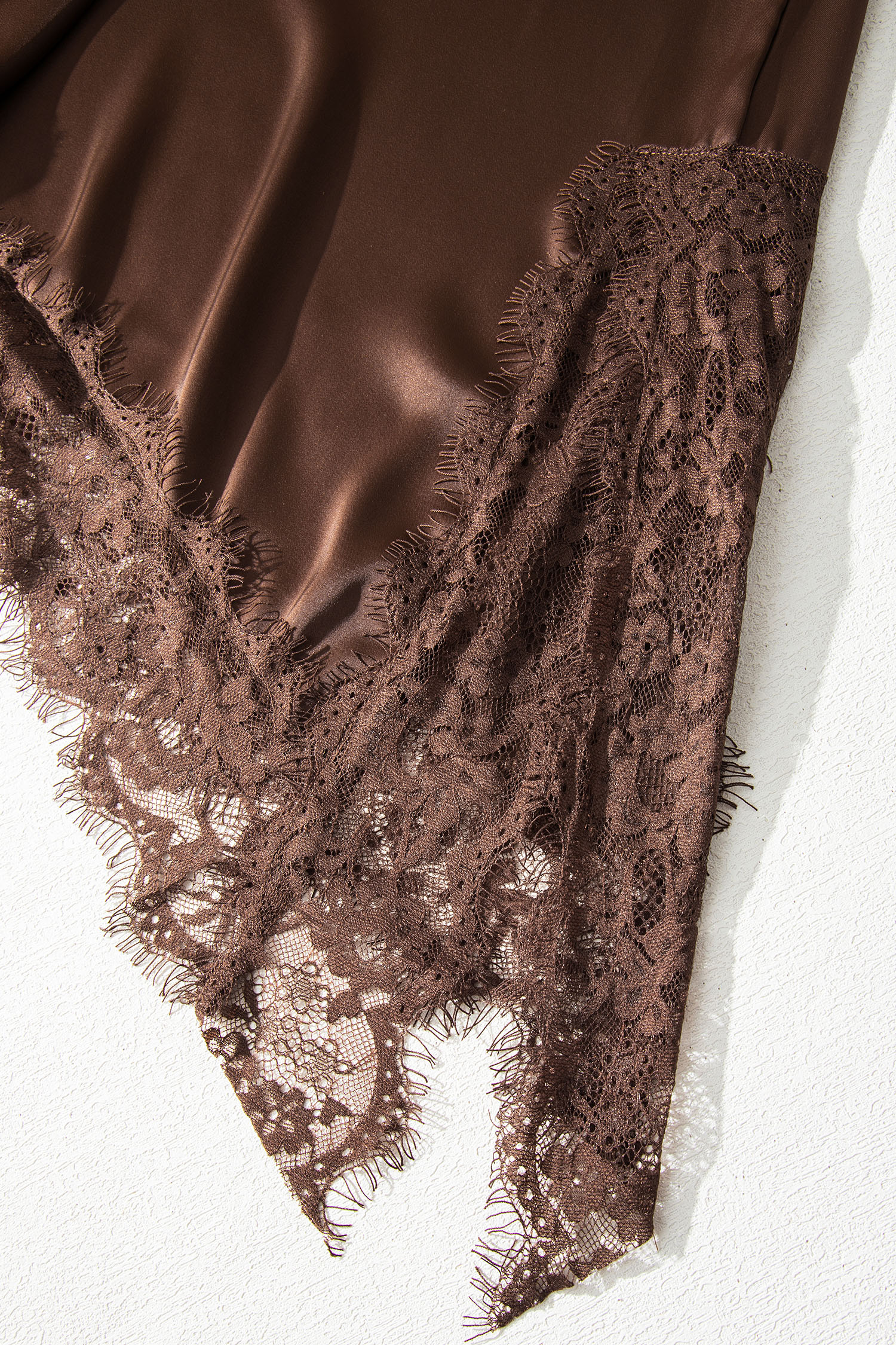 Women's Coffee Satin Top – Asymmetric Lace Trim Short Sleeve Shift Blouse - Detail View 7