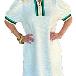 Women's White Textured Jacquard Colorblock Edge Puff Sleeve Quarter Zip Mini Dress - Main View