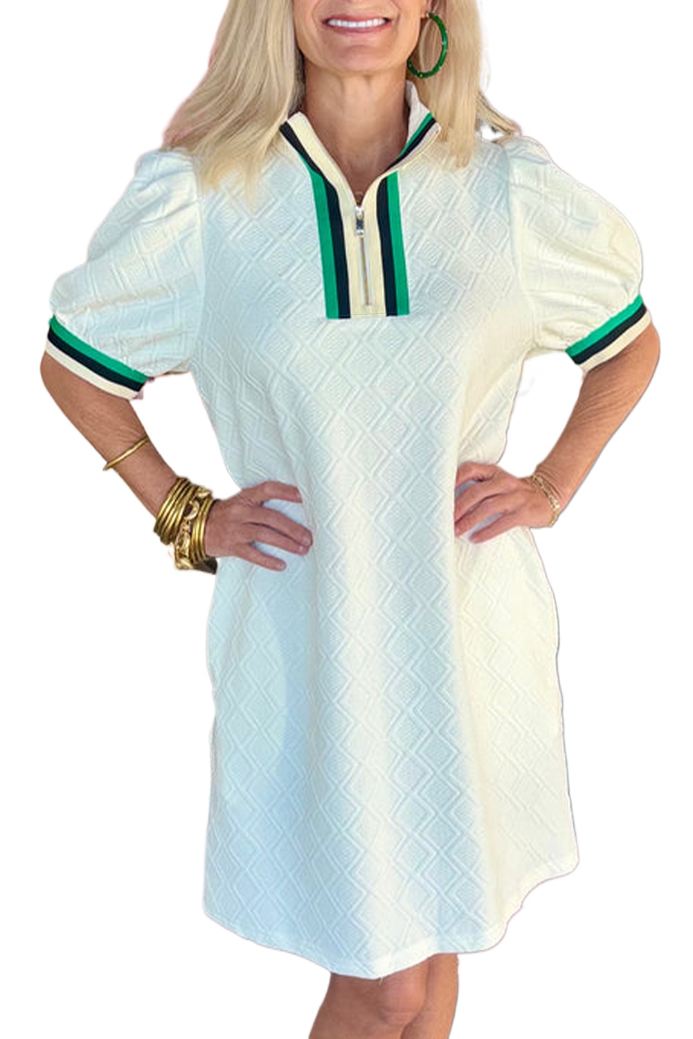 Women's White Textured Jacquard Colorblock Edge Puff Sleeve Quarter Zip Mini Dress - Main View
