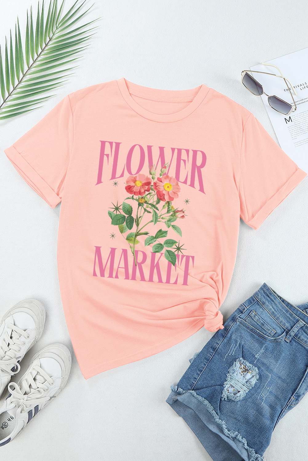 Women's Pink FLOWER MARKET Graphic Crewneck T-Shirt - Casual Summer Style - Detail View 9