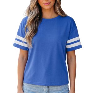 Women's Varsity Striped T-Shirt – Dark Blue Short Sleeve Crew Neck Top, Casual Patchwork Style - Main View