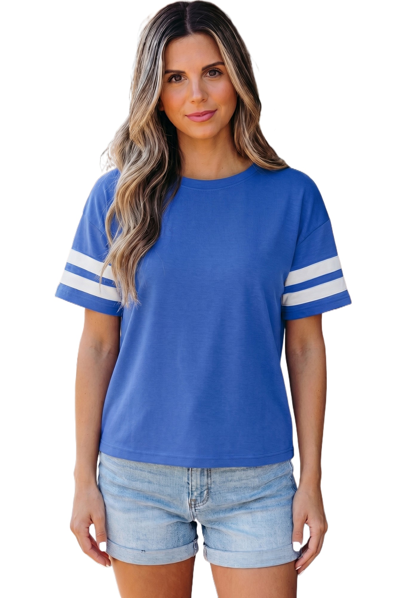 Women's Varsity Striped T-Shirt – Dark Blue Short Sleeve Crew Neck Top, Casual Patchwork Style - Main View