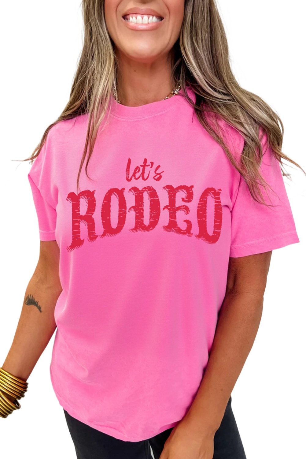 Women's Rose Red 'Let's Rodeo' Crew Neck Graphic Tee - Casual Short Sleeve T-Shirt - Main View