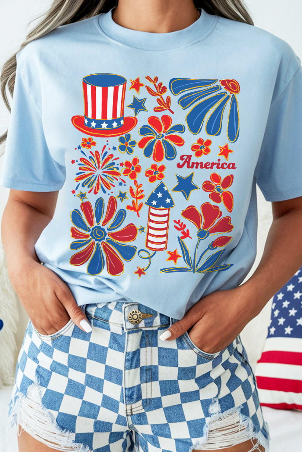 Casual and Comfortable Independence Day T-Shirt with Floral Fireworks Design - Detail View 2