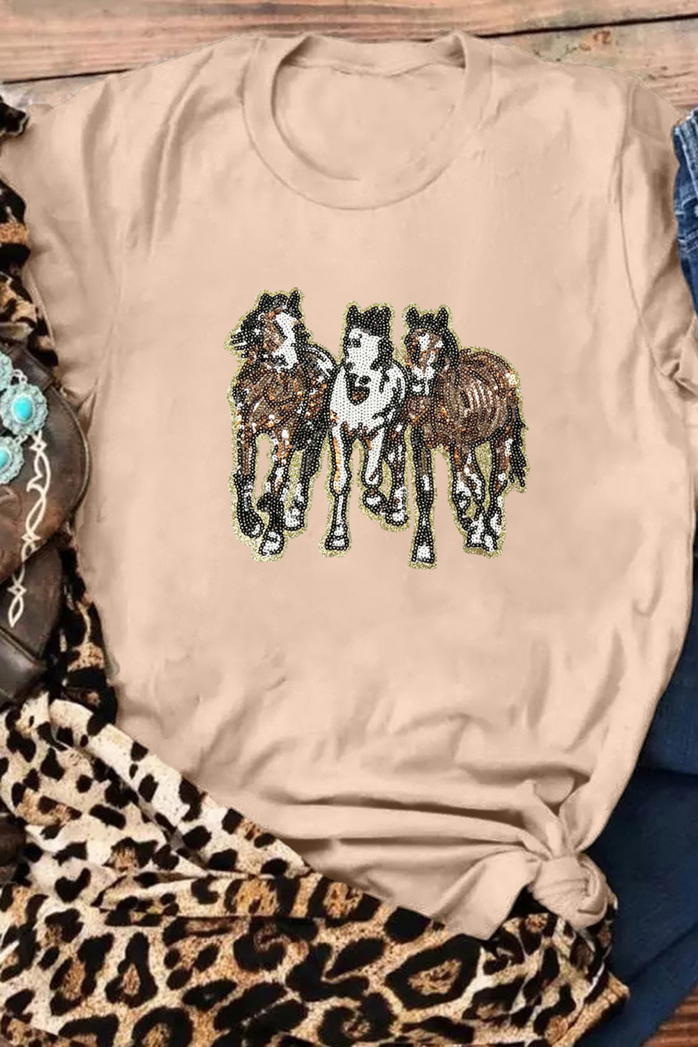 Stylish Khaki Crewneck T-Shirt with Whimsical Sequin Horses Design - Detail View 2