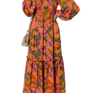 Women's Elegant Orange Floral Puff Sleeve Ruffled Long Dress with Smocked Bodice - Main View