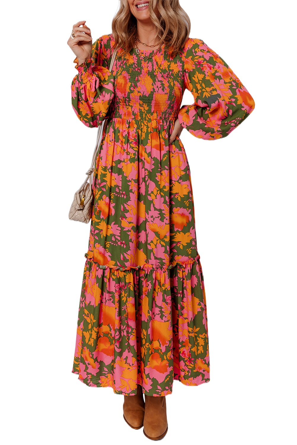 Women's Elegant Orange Floral Puff Sleeve Ruffled Long Dress with Smocked Bodice - Main View