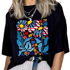 Women's Black USA Flag Flower Graphic Drop Shoulder T-Shirt - Trendy Casual Wear - Main View