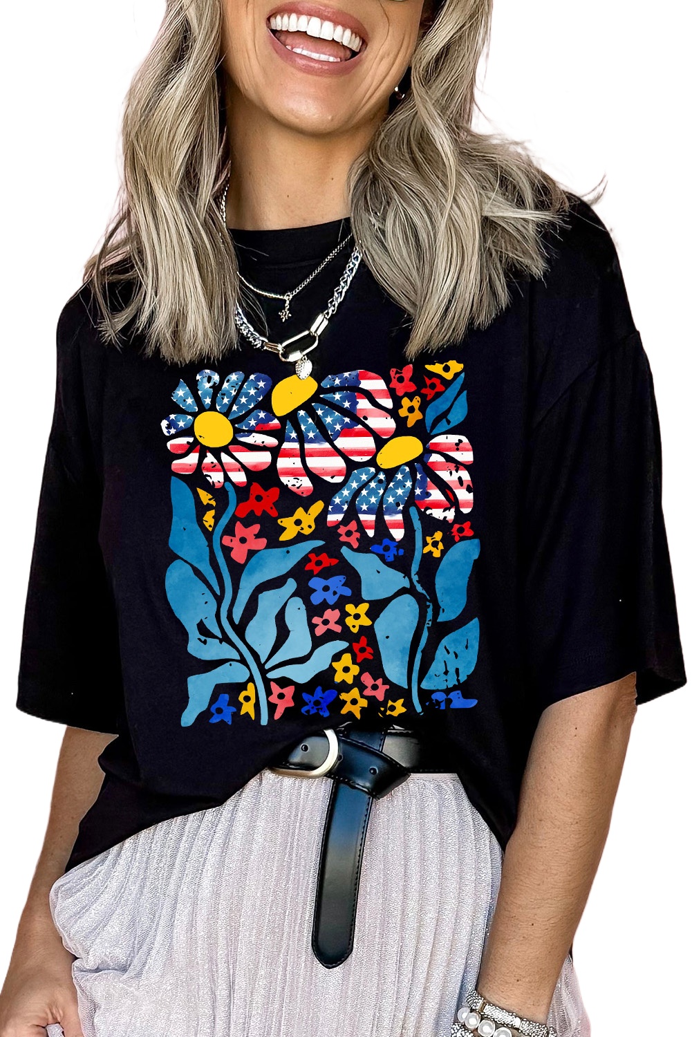 Women's Black USA Flag Flower Graphic Drop Shoulder T-Shirt - Trendy Casual Wear - Main View