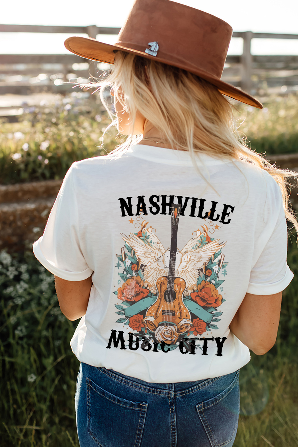 Women's White Nashville Music City Guitar Wings Graphic Tee - Detail View 9