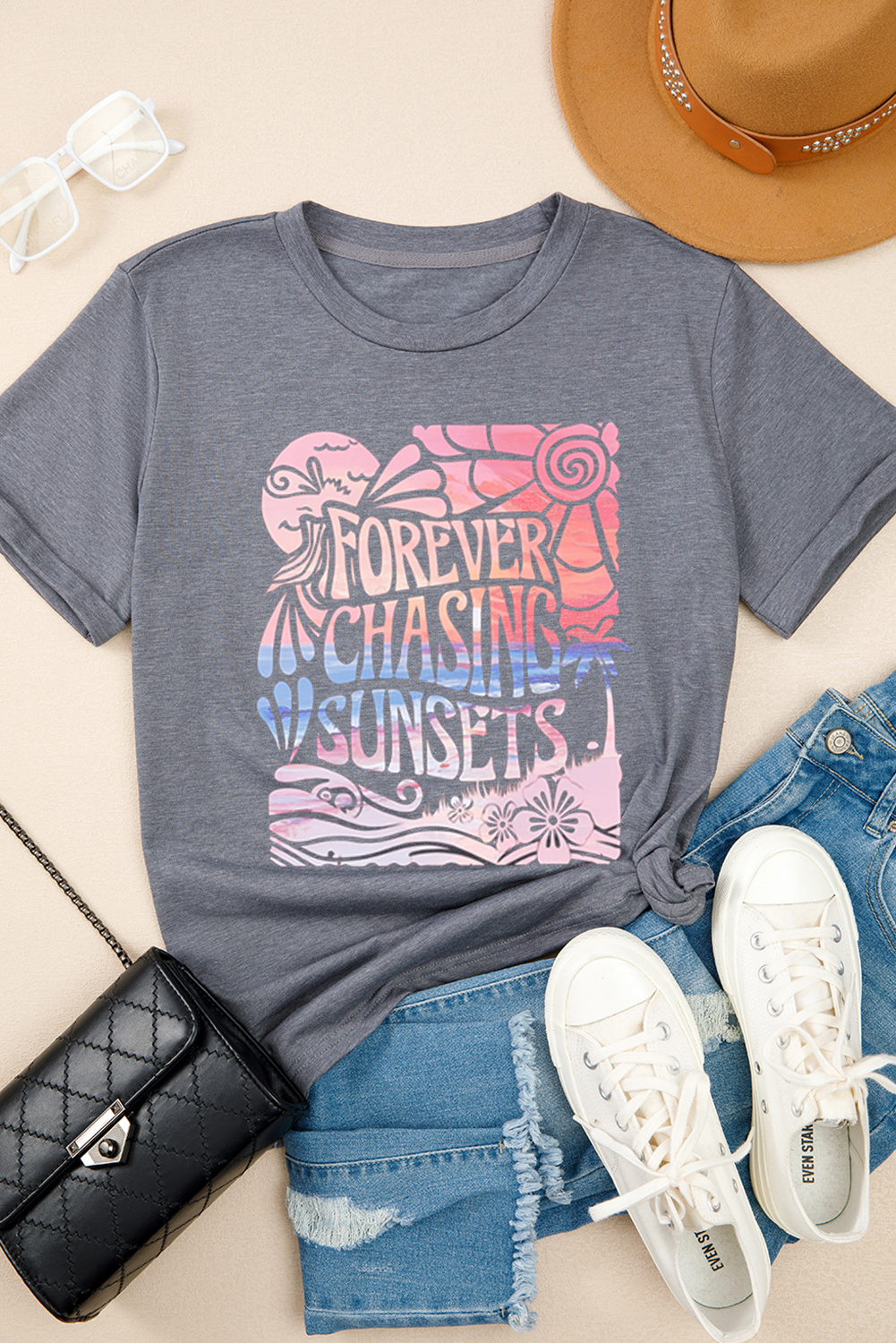 Casual Short Sleeve Tee with Vibrant Slogan Print - Perfect for Summer Adventures - Detail View 2