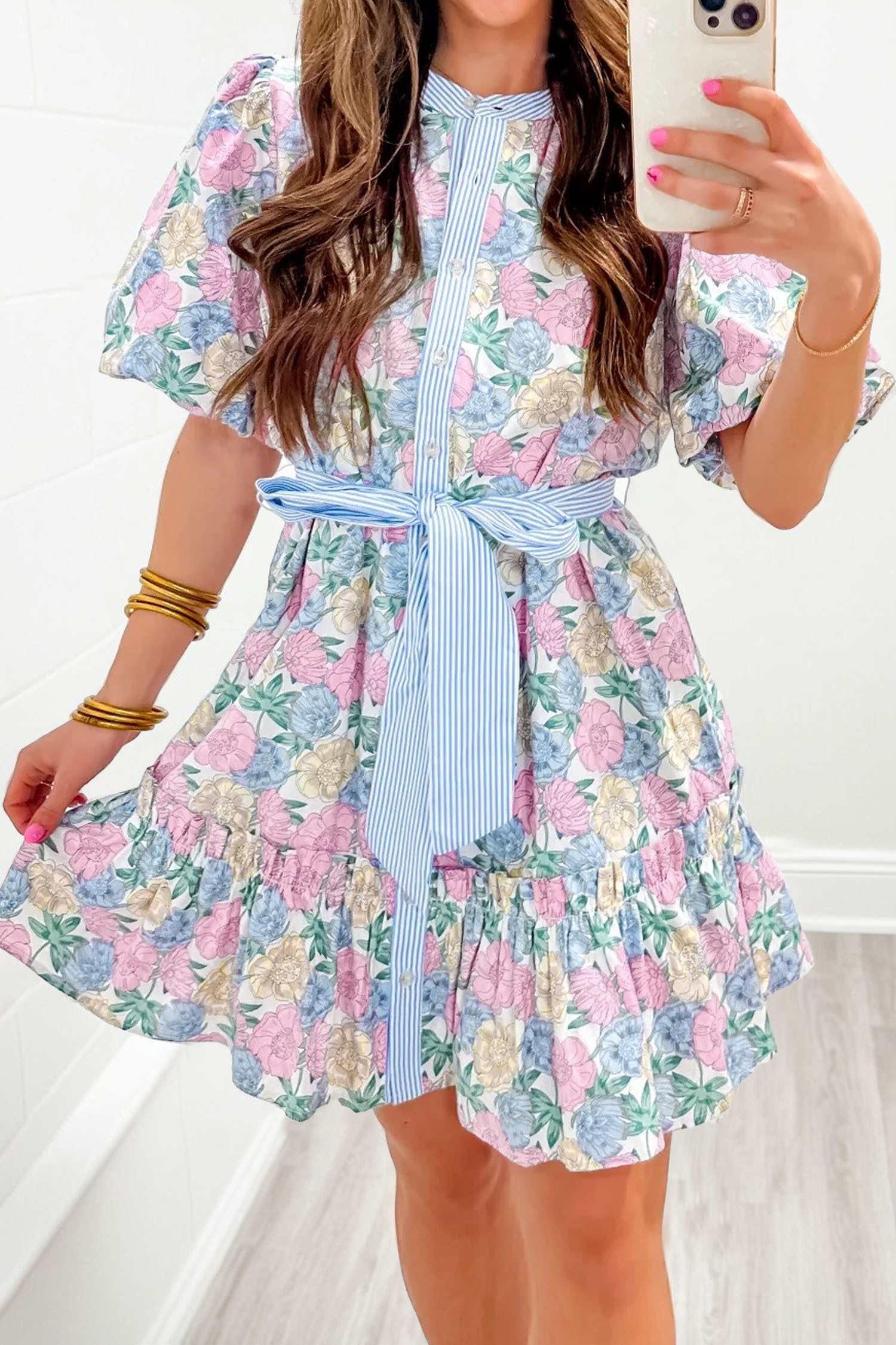 Casual Southern Belle Floral Dress – Women's High Waist Shift Mini with Bow Front Detail - Detail View 2