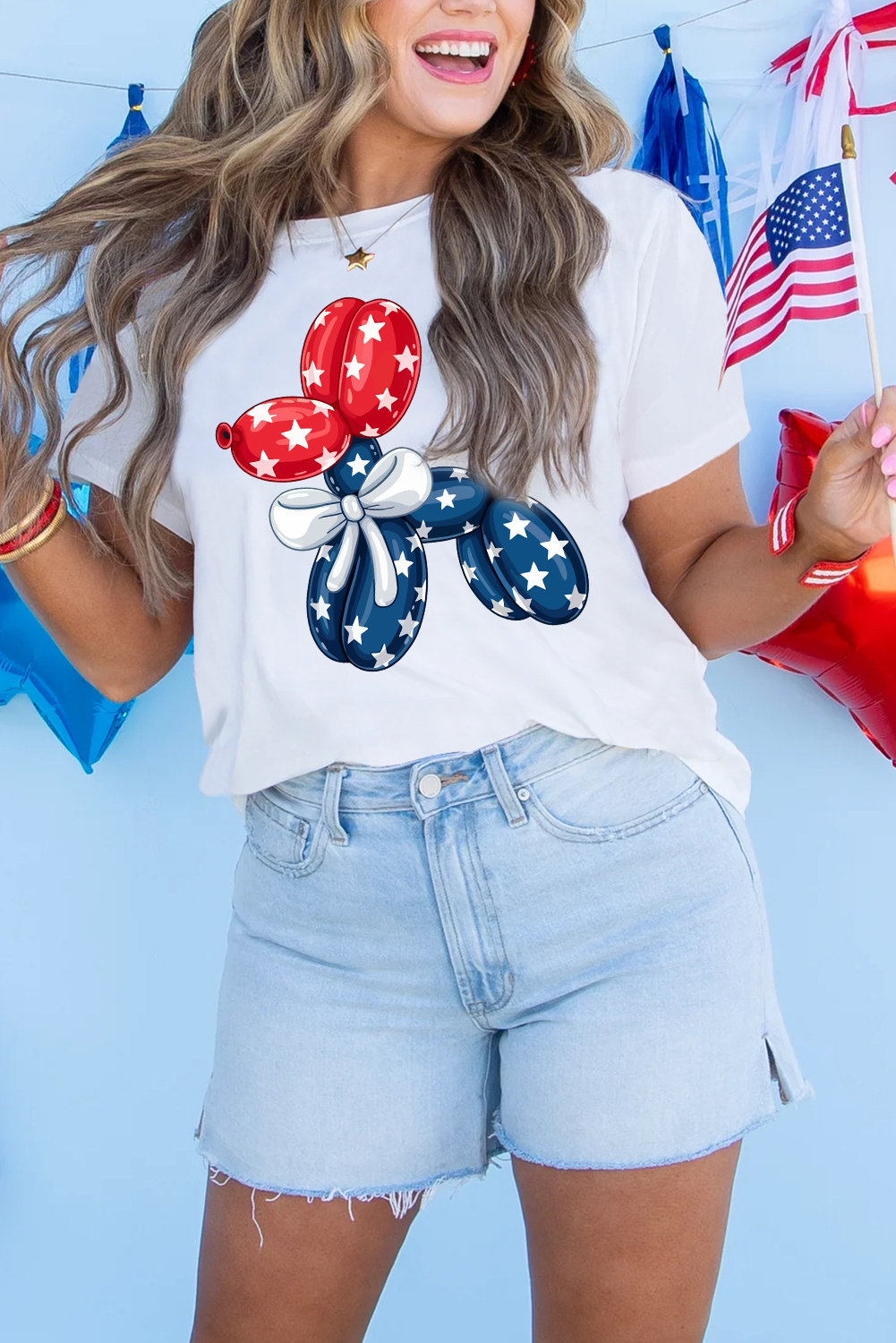 Women's Casual White Balloon Dog Graphic T-Shirt - American Flag Inspired - Detail View 5