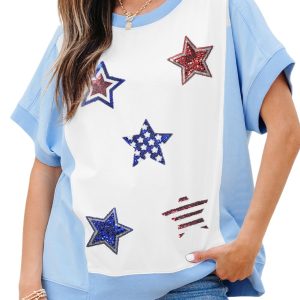 Women's Sky Blue Patriotic Star Patched Colorblock T-Shirt - Main View
