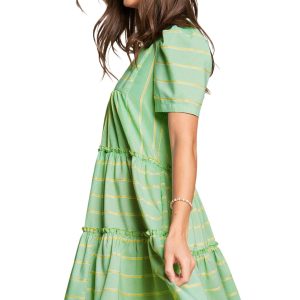 Women's Green Stripe V Neck Short Sleeve A-Line Dress with Frilled Details - Main View
