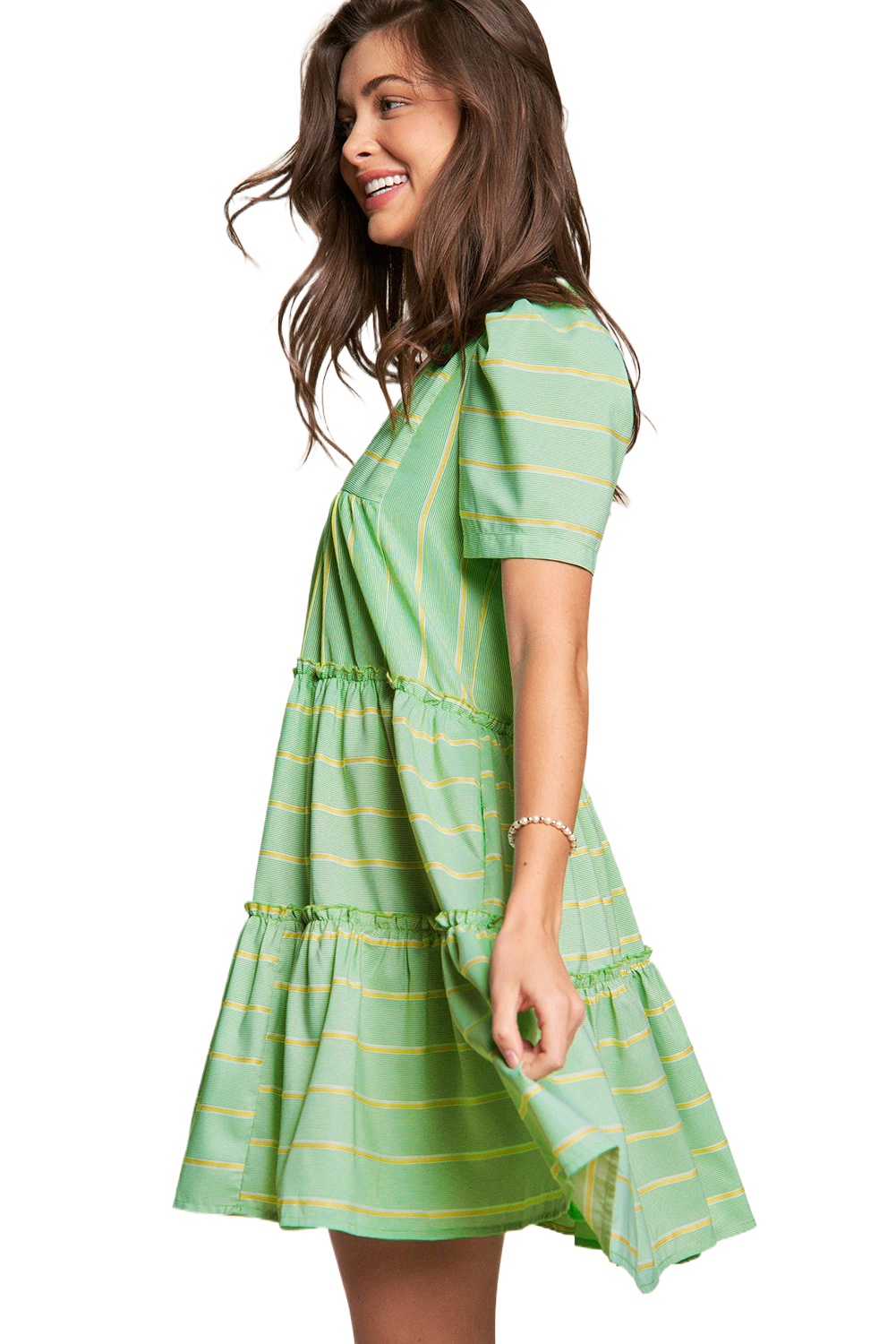 Women's Green Stripe V Neck Short Sleeve A-Line Dress with Frilled Details - Main View