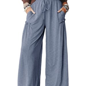 Women's High Waist Wide Leg Knit Pants with Frilled Detail - Casual Blue Trousers - Main View