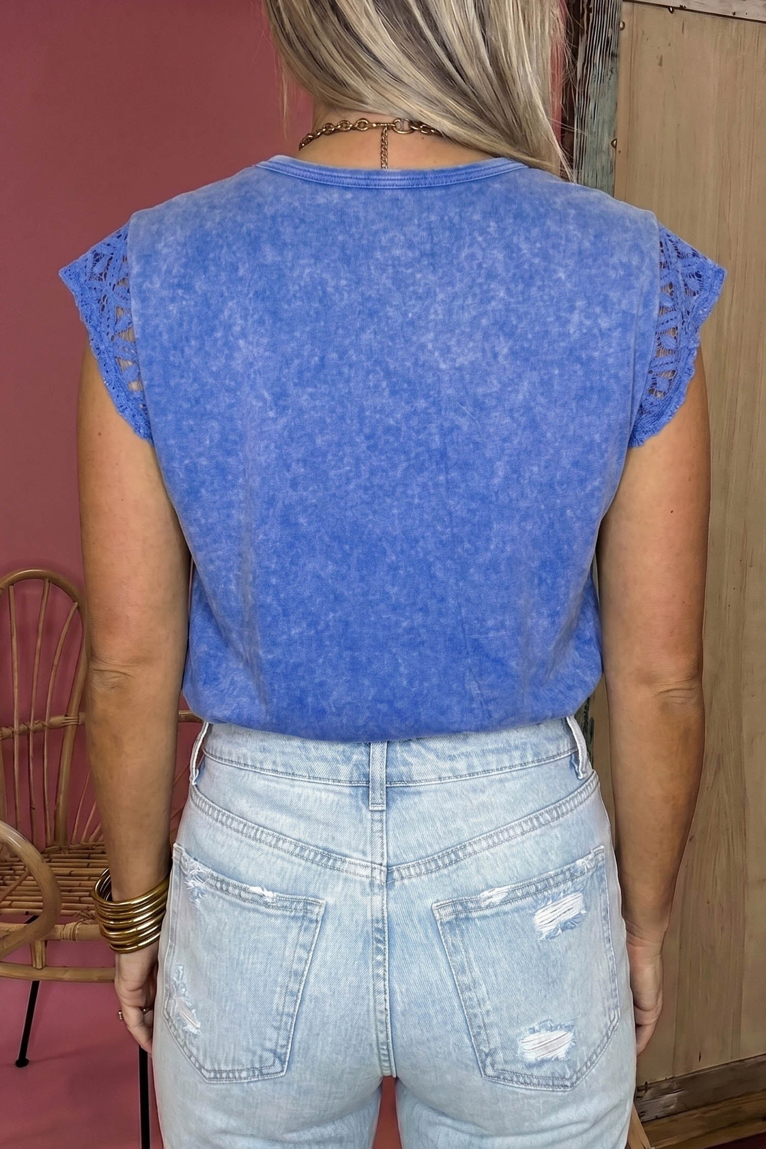 Vintage Style Sky Blue Mineral Wash Tee for Women – Lace Patchwork Short Sleeve Cotton Top - Detail View 2