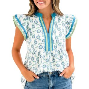 Women's Green Sunflower Print V Neck Blouse – Casual Short Flutter Sleeve Summer Top - Main View
