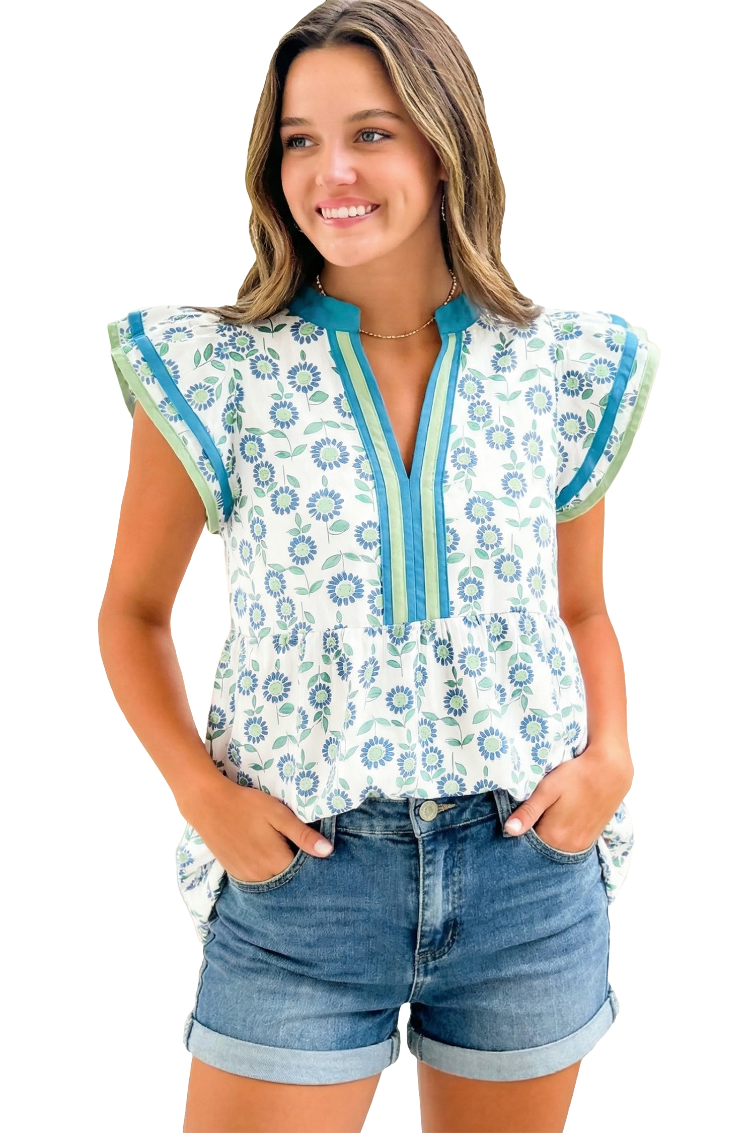 Women's Green Sunflower Print V Neck Blouse – Casual Short Flutter Sleeve Summer Top - Main View