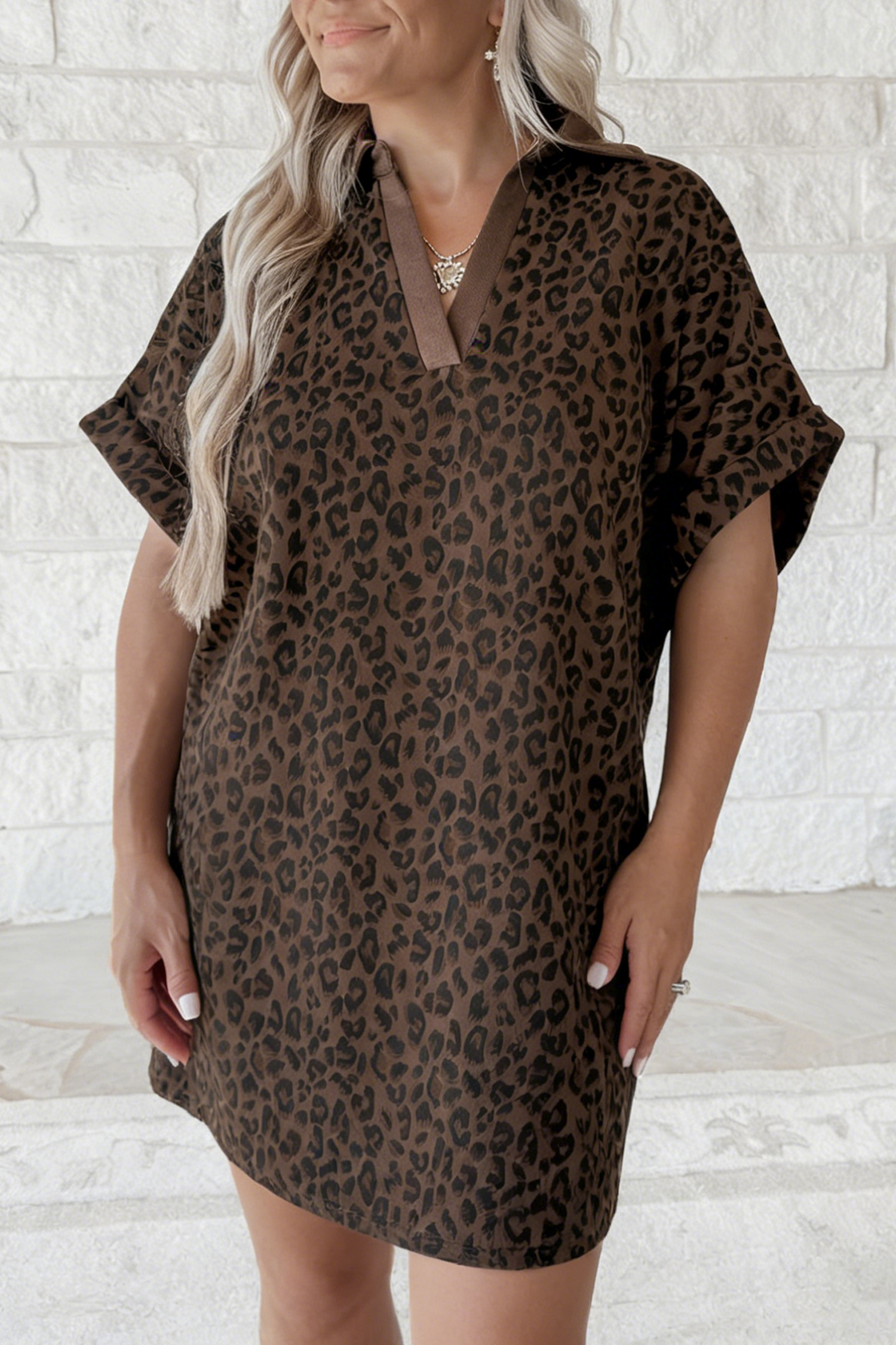 Casual Leopard Print Shift Dress for Women – V-Neck Mini Dress with Colorblock Collar, Comfortable Summer Style - Detail View 2