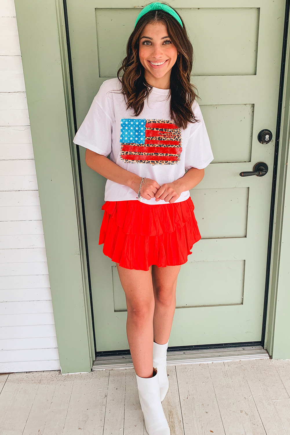 Trendy Women's Cotton Blend T-Shirt with Leopard Design and American Flag Pattern - Detail View 6
