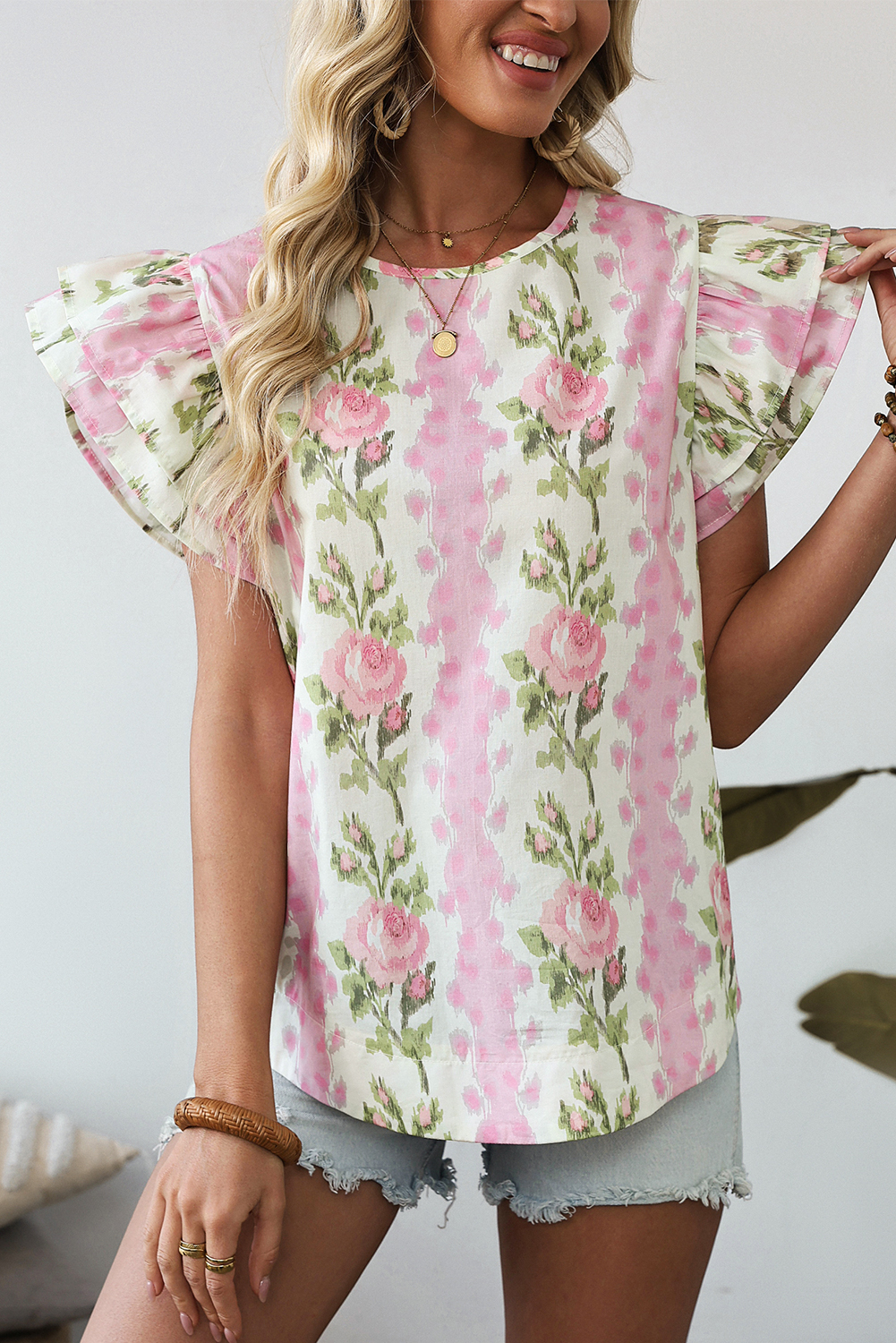 Charming Women's Pink Floral Print Ruffled Sleeve Summer Top - Detail View 5