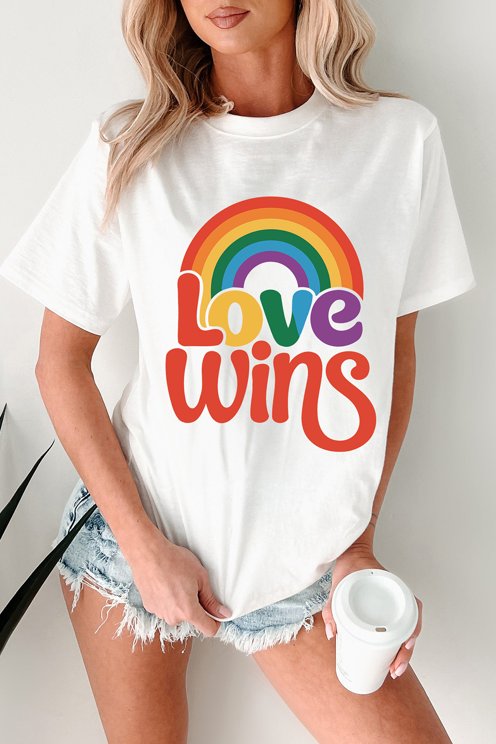 Women's White Love Wins Pride Rainbow Graphic Casual T-Shirt - Detail View 5