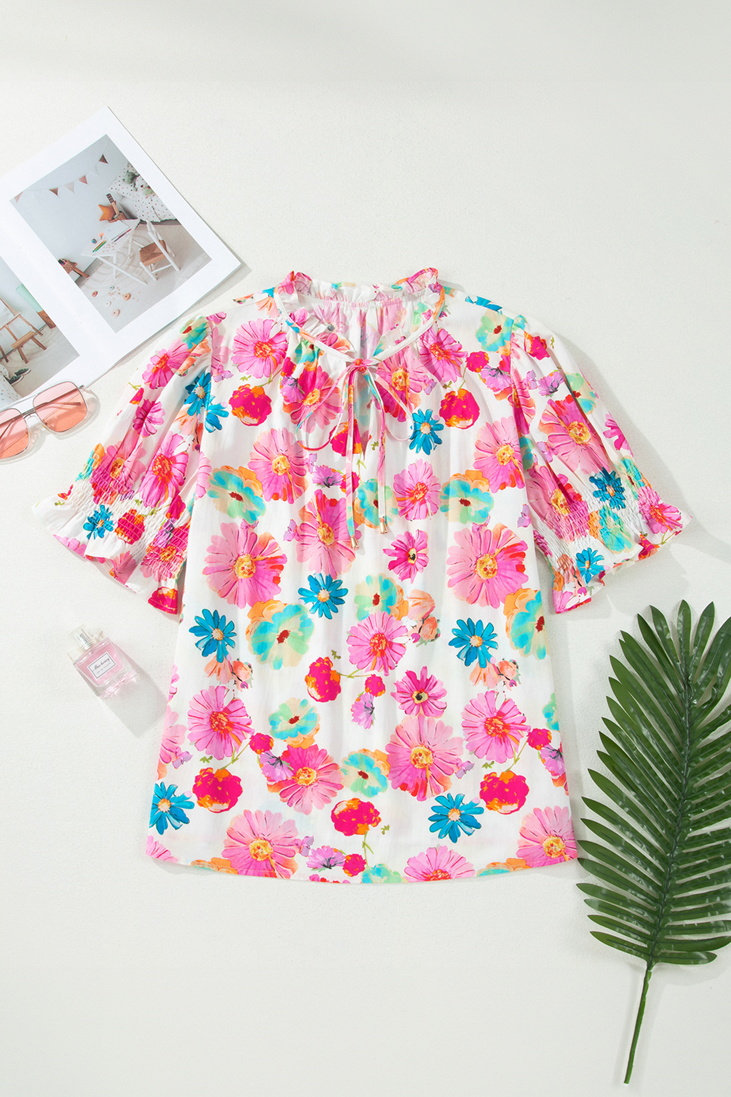 Women's Casual Pink Floral Print Top – Ruched Short Sleeve V-Neck Blouse, Thoughtful Gift for Her - Detail View 3
